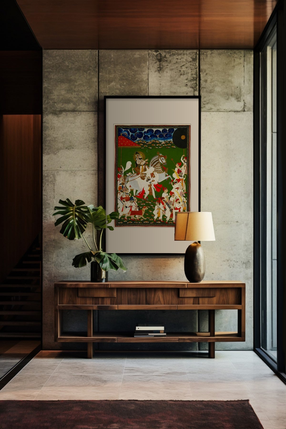 Royal Procession of the Maharaja framed print above a walnut console in a concrete hallway