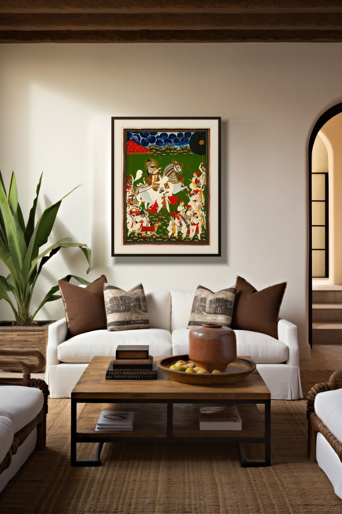 Royal Procession of the Maharaja print with white mount framed above a white sofa