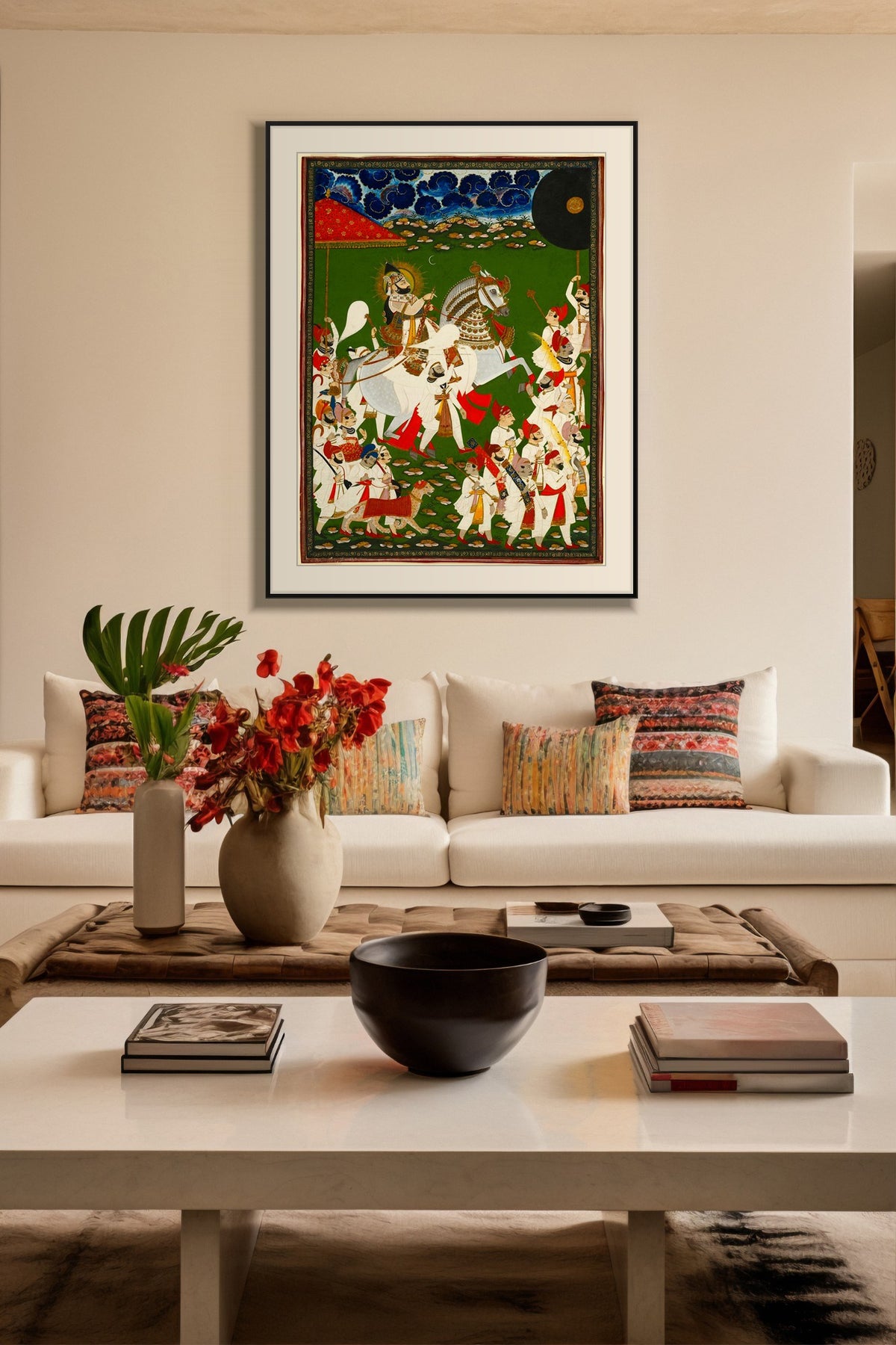 Royal Procession of the Maharaja art print in a black frame with mount above a cream sofa