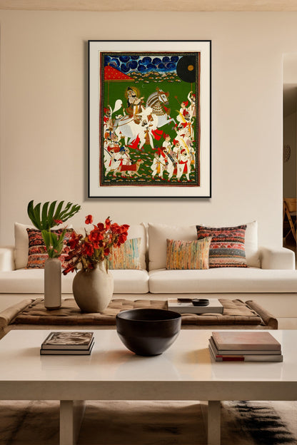 Royal Procession of the Maharaja art print in a black frame with mount above a cream sofa