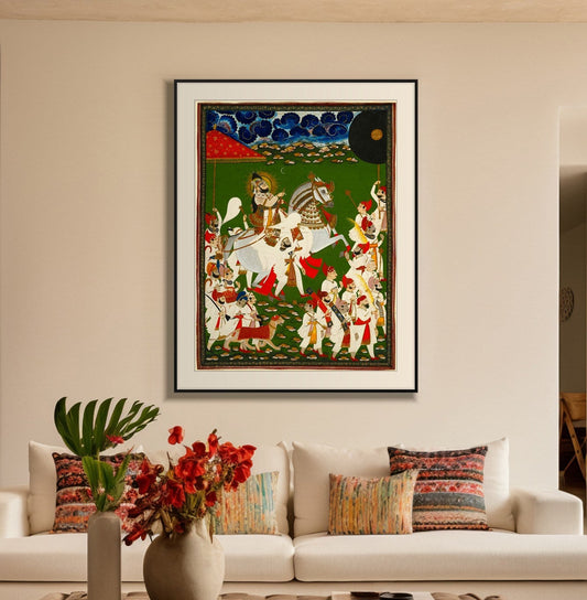 Royal Procession of the Maharaja art print in a black frame with mount above a cream sofa