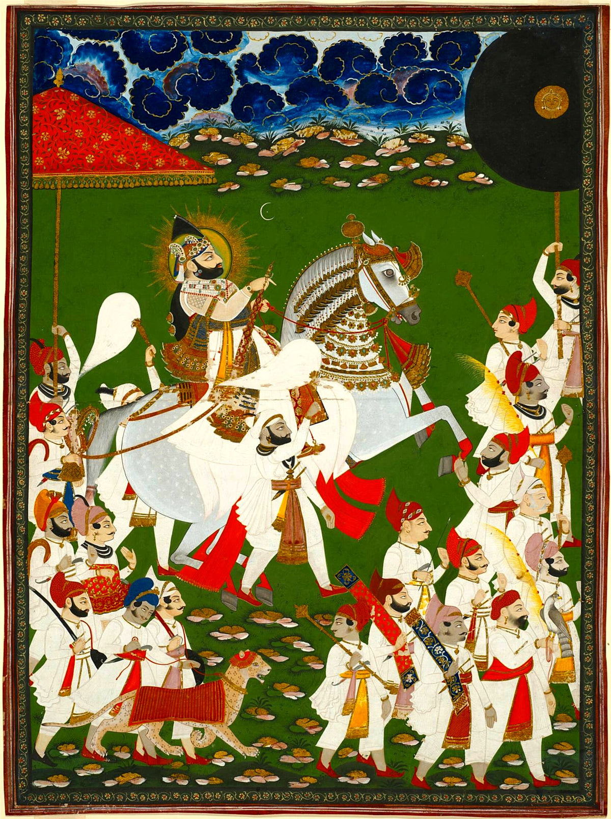 Full view of the haloed Maharaja on horseback with attendants, a cheetah and a parasol under indigo clouds