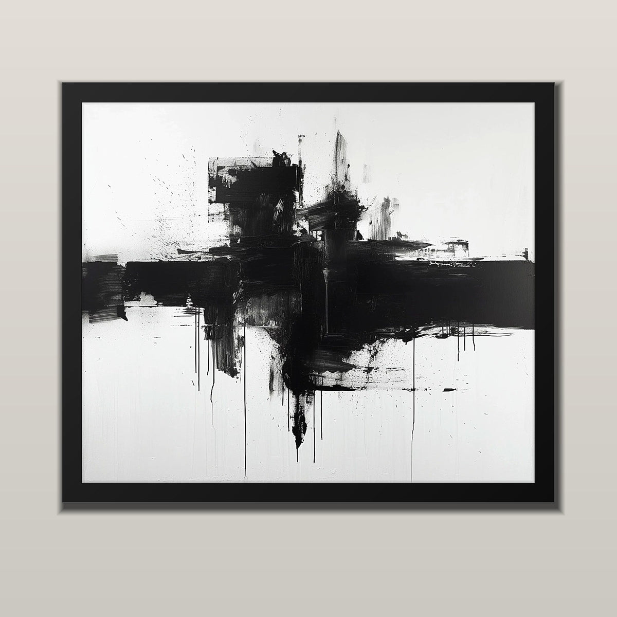 Shadow Horizon abstract art print with black brushstrokes and drips on white, in a black frame
