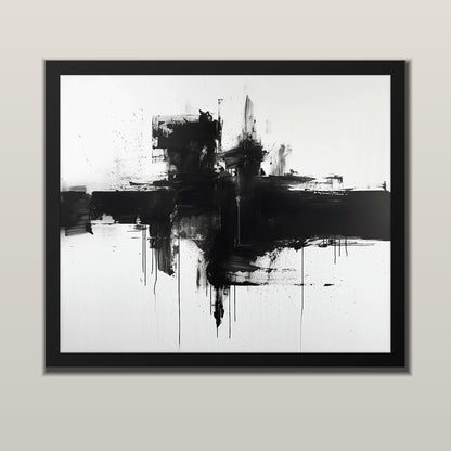 Shadow Horizon abstract art print with black brushstrokes and drips on white, in a black frame
