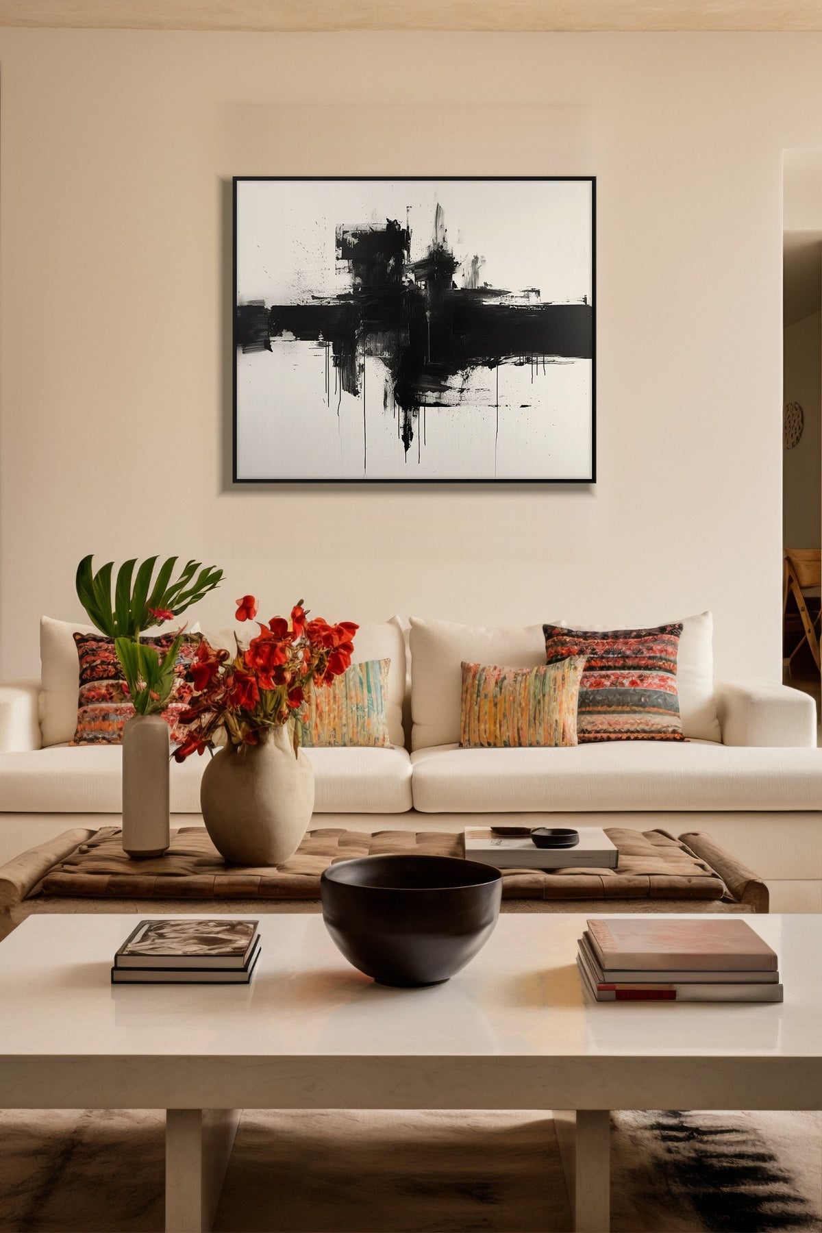 Shadow Horizon black brushstroke print in a black frame above a cream sofa
