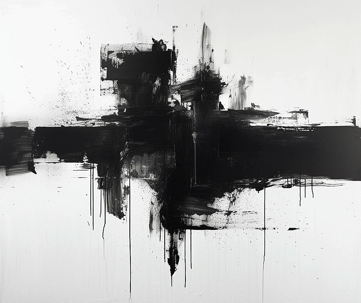 Full view of Shadow Horizon, black expressive brushwork with drips on a white background