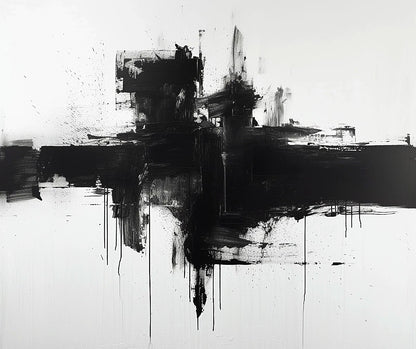 Full view of Shadow Horizon, black expressive brushwork with drips on a white background