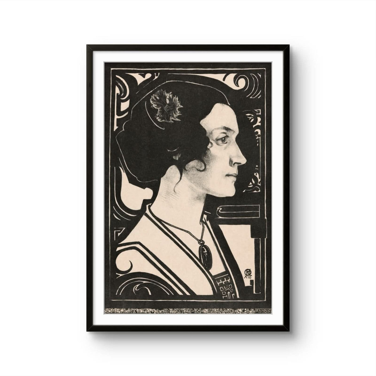 Framed artwork of a stylized portrait on a white background