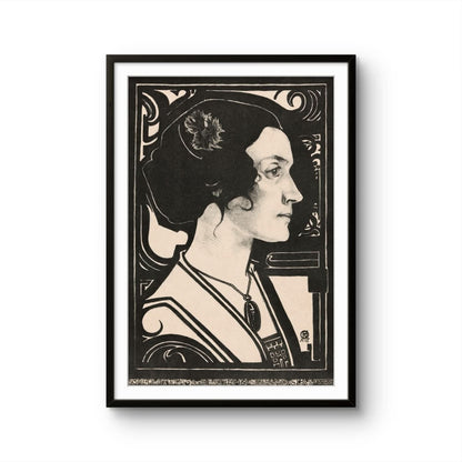 Framed artwork of a stylized portrait on a white background