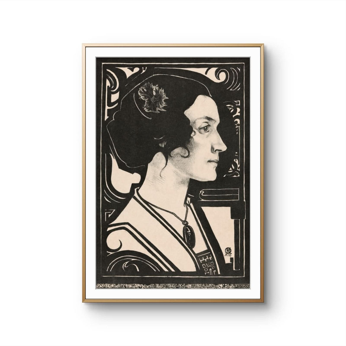 Framed artwork of a stylized portrait with decorative elements on a white background
