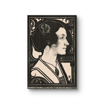 Framed portrait of a woman with decorative border on a white background