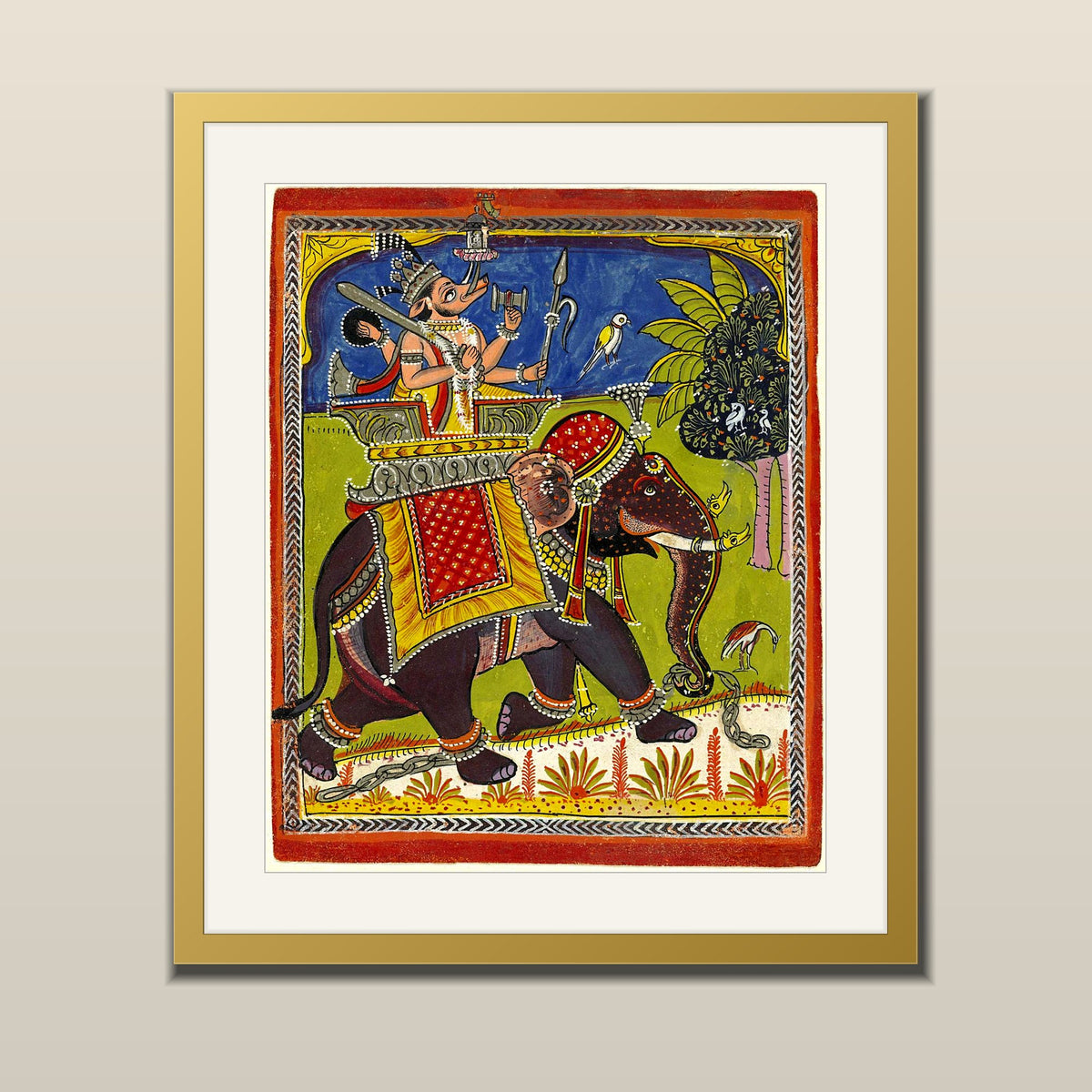 Lord Varaha on the Royal Elephant art print in a gold metal frame with white mount
