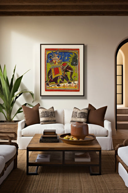 Lord Varaha on the Royal Elephant print with white mount framed above a white sofa