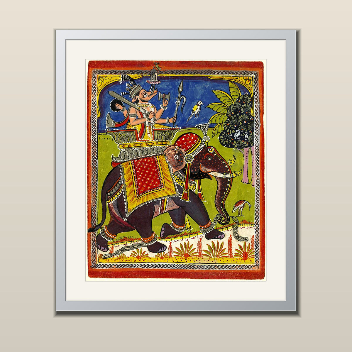 Lord Varaha on the Royal Elephant art print in a silver metal frame with white mount