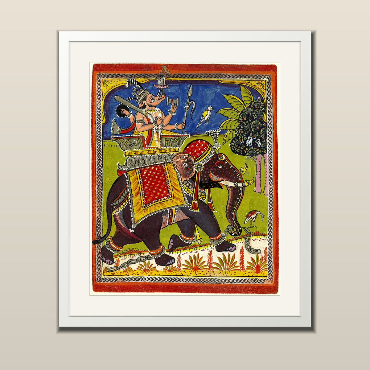 Lord Varaha on the Royal Elephant art print in a white frame with white mount
