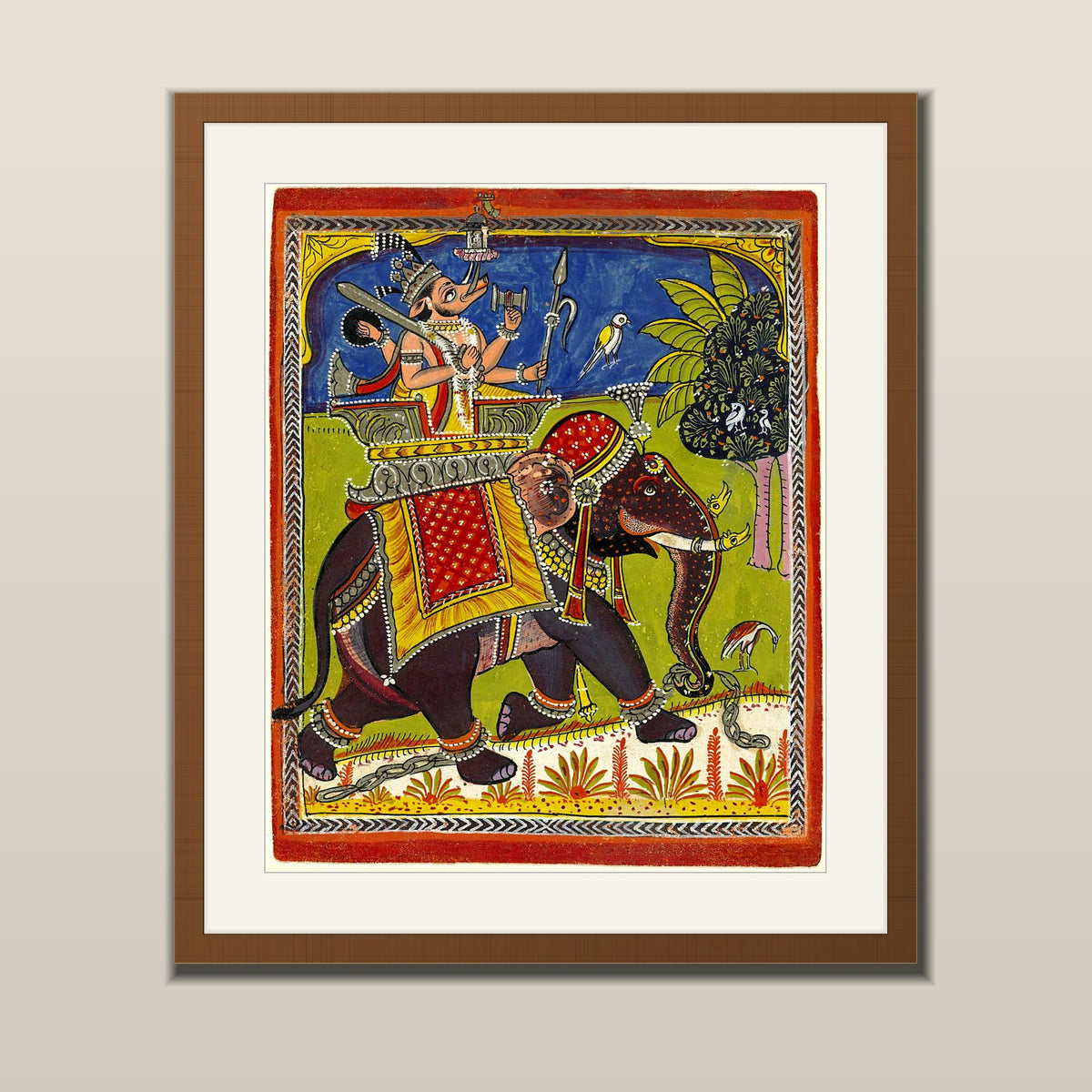 Lord Varaha on the Royal Elephant art print in a wooden frame with white mount