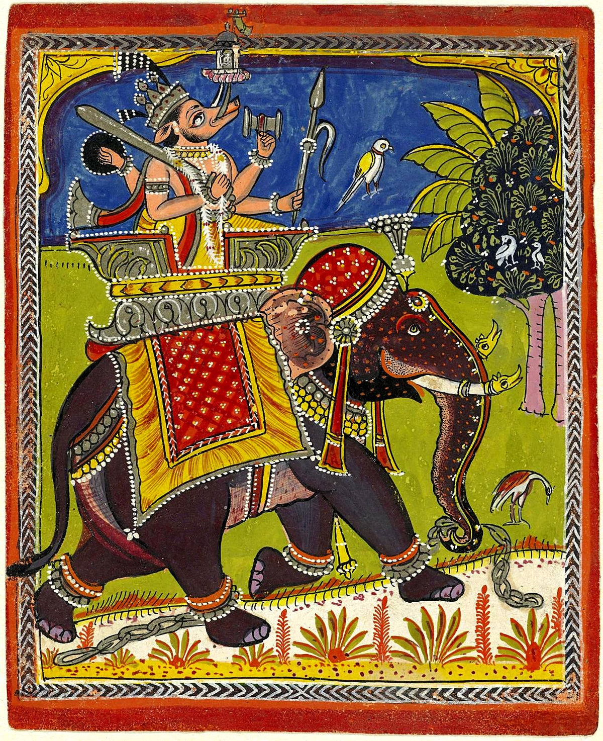 Full view of the four-armed boar-headed Varaha in a howdah on an ornate elephant with birds and trees