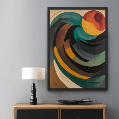 Abstract painting on a gray wall above a wooden cabinet with a lamp.