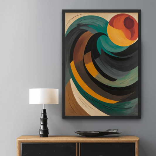 Abstract painting on a gray wall above a wooden cabinet with a lamp.